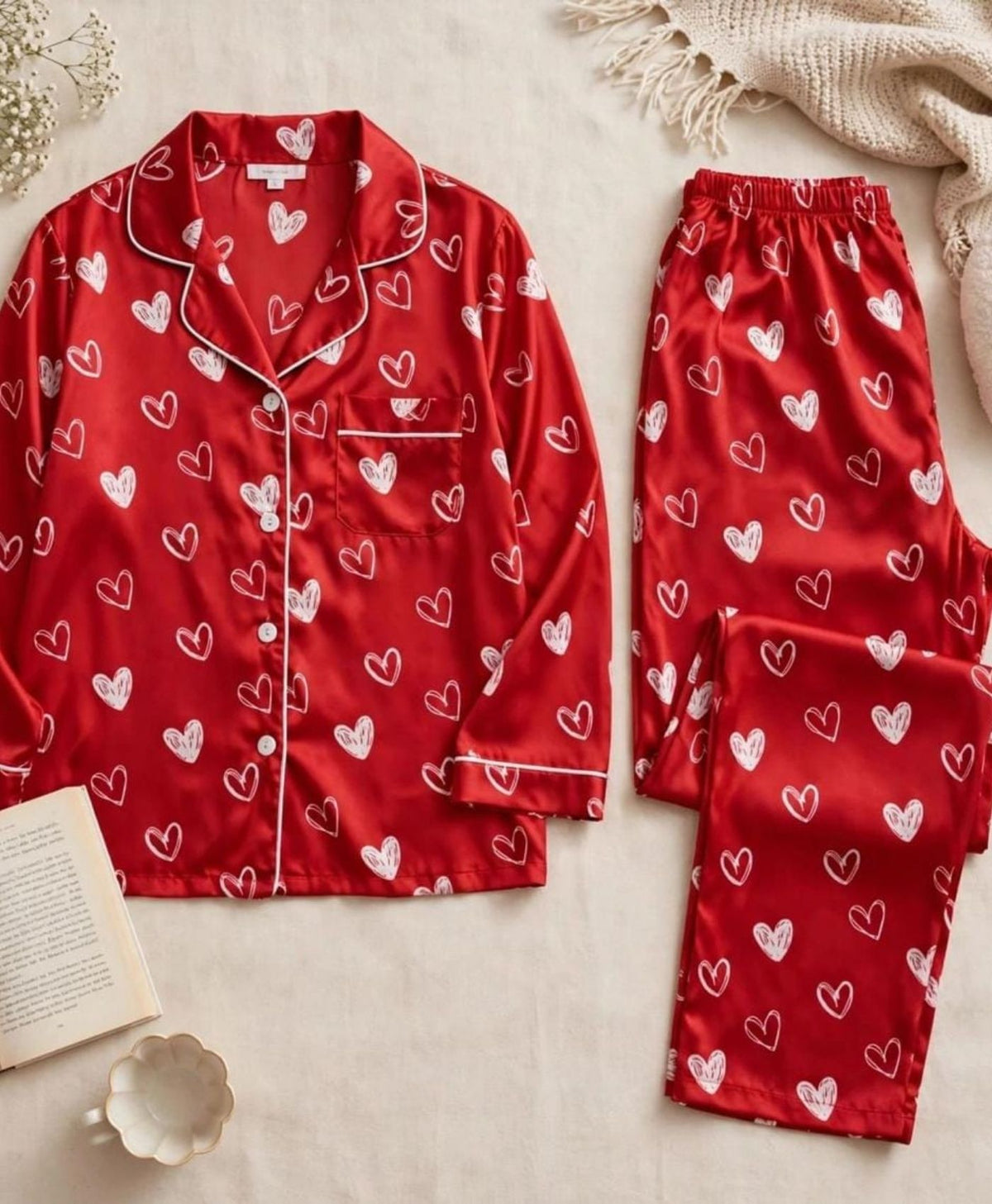 Deep Red Hearts Pajama Set