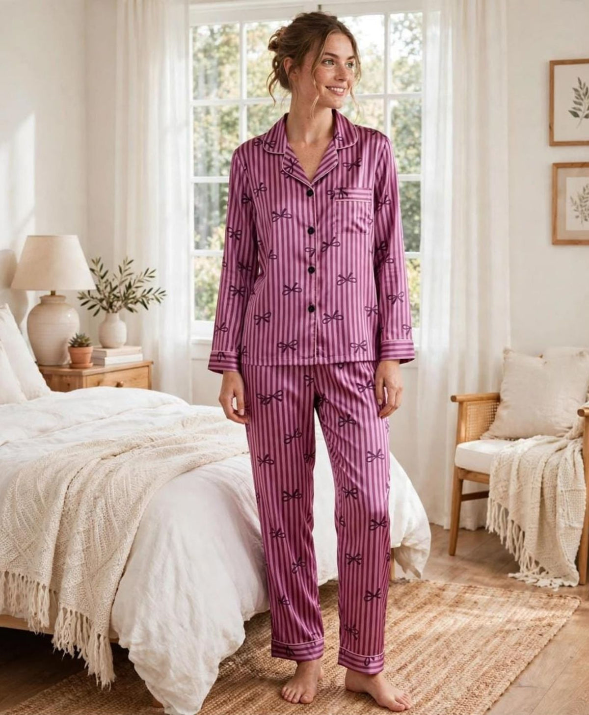 Purple Stripes Ribbons Pajama Set