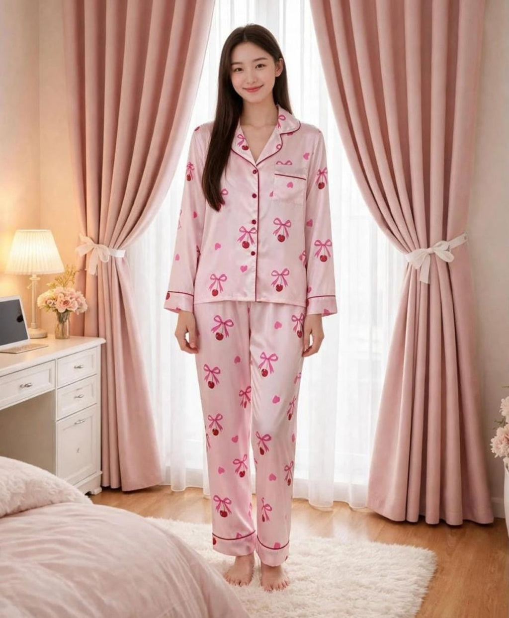 Pink Ribbons Satin Pajama Set