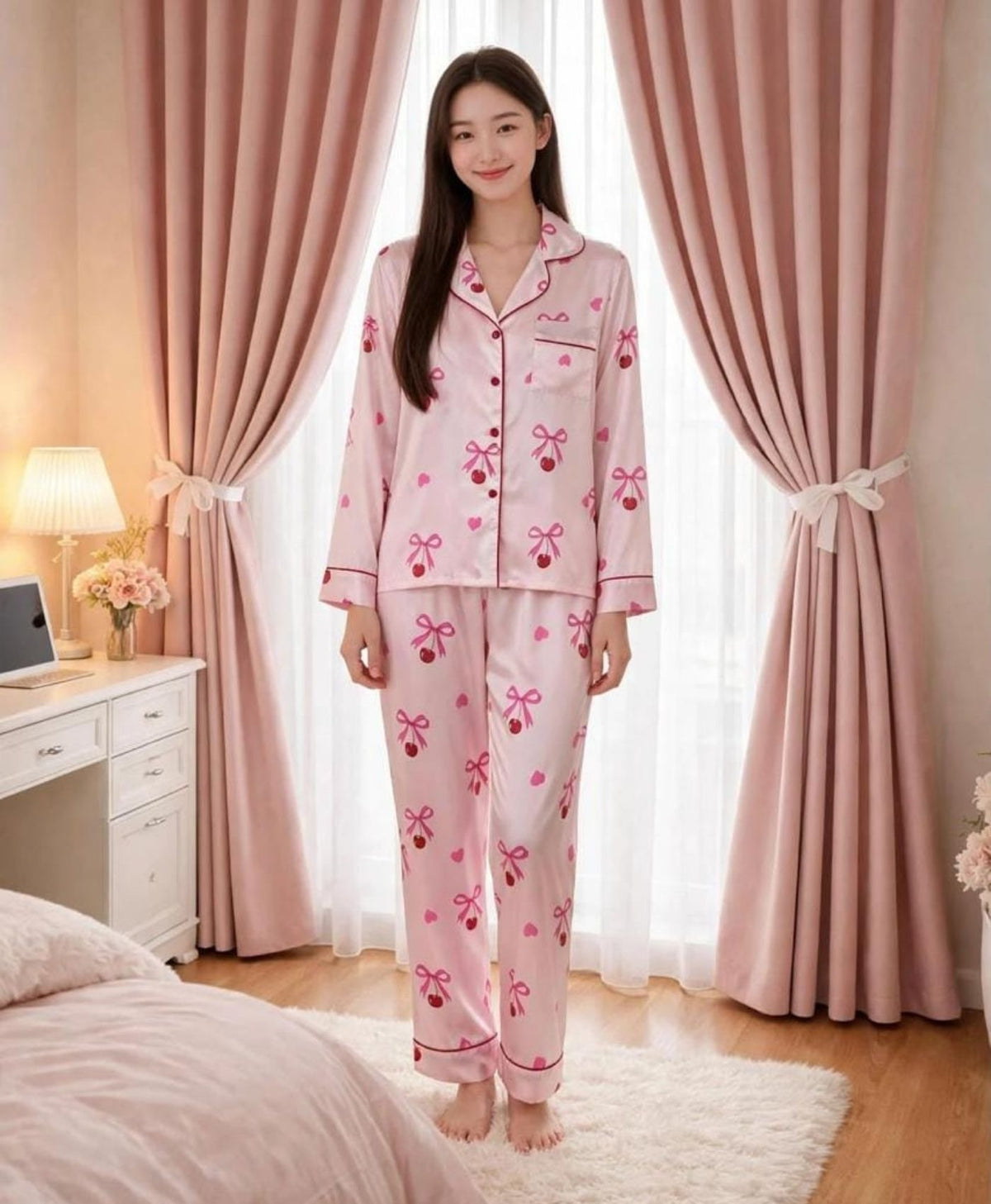Pink Ribbons Satin Pajama Set