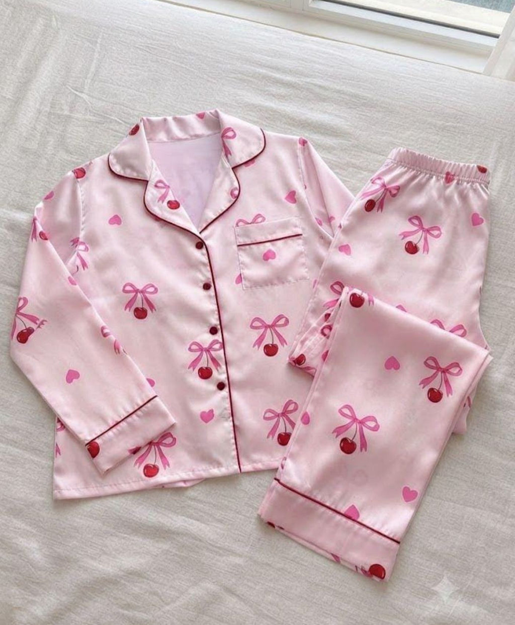 Pink Ribbons Satin Pajama Set