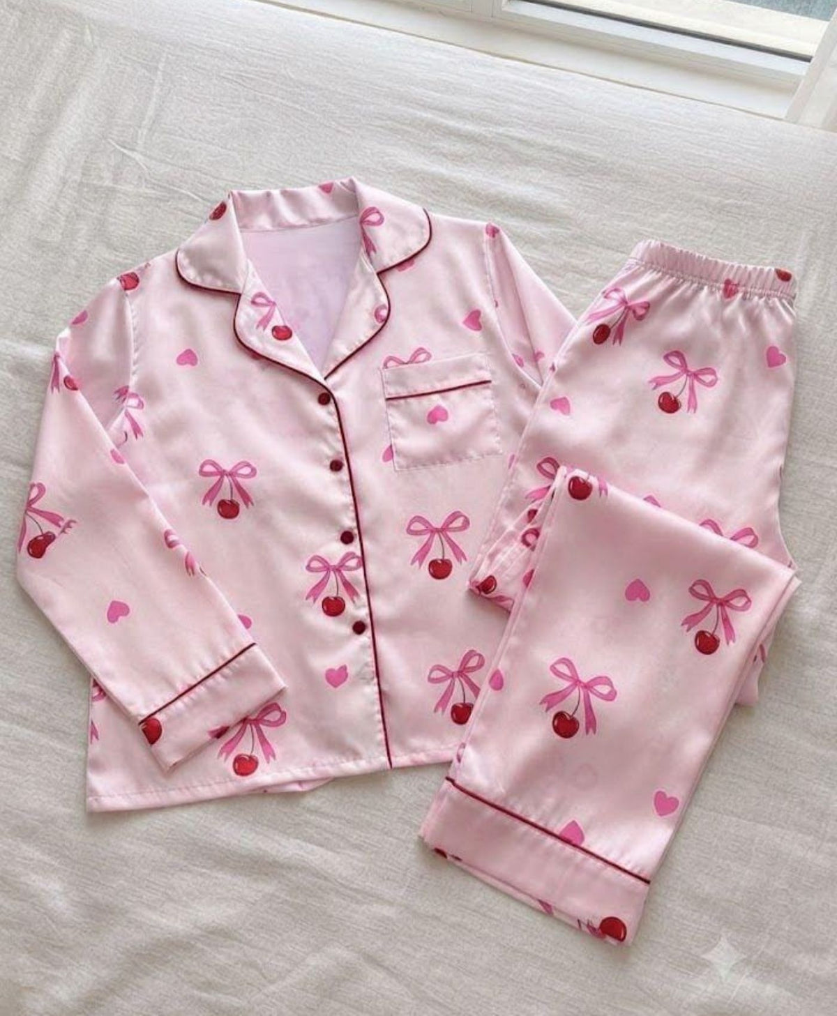Pink Ribbons Satin Pajama Set