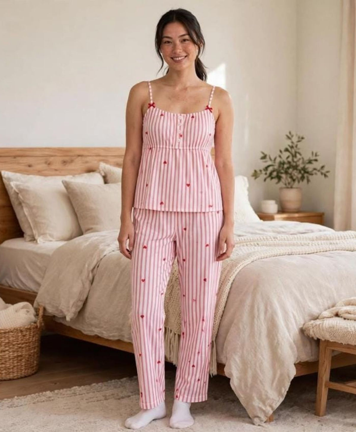 Blush Pink Striped Mini Hearts Tanktop Set With Pajamas