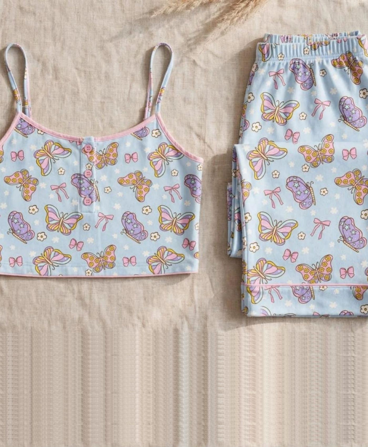 Soft Blue Butterflies Tanktop Set With Pajamas