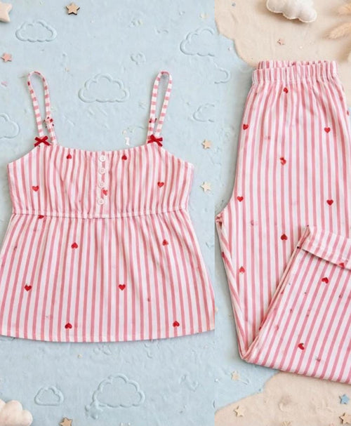 Blush Pink Striped Mini Hearts Tanktop Set With Pajamas