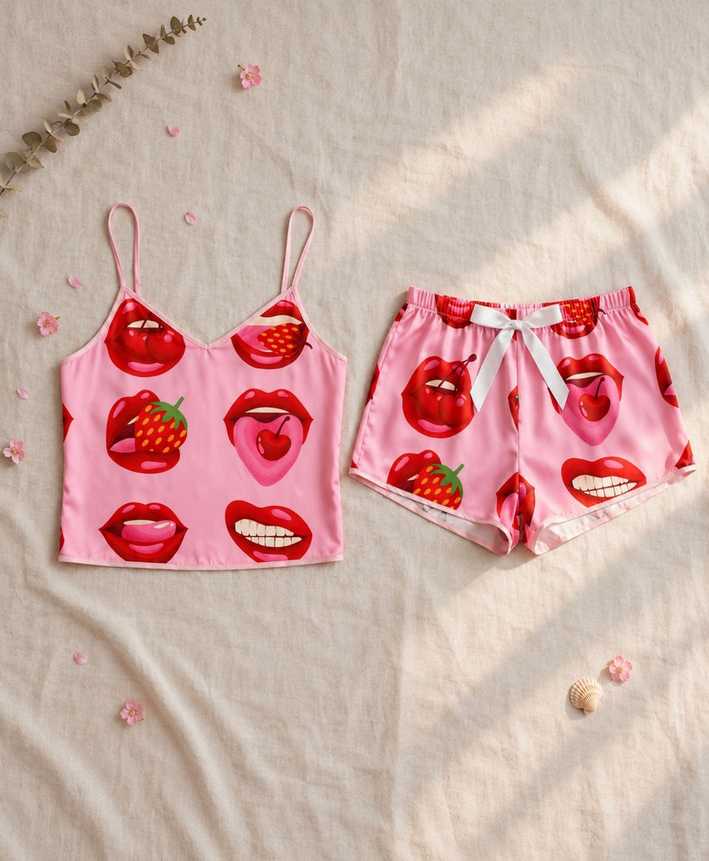 Blush Pink Cherry Tanktop Set With Shorts