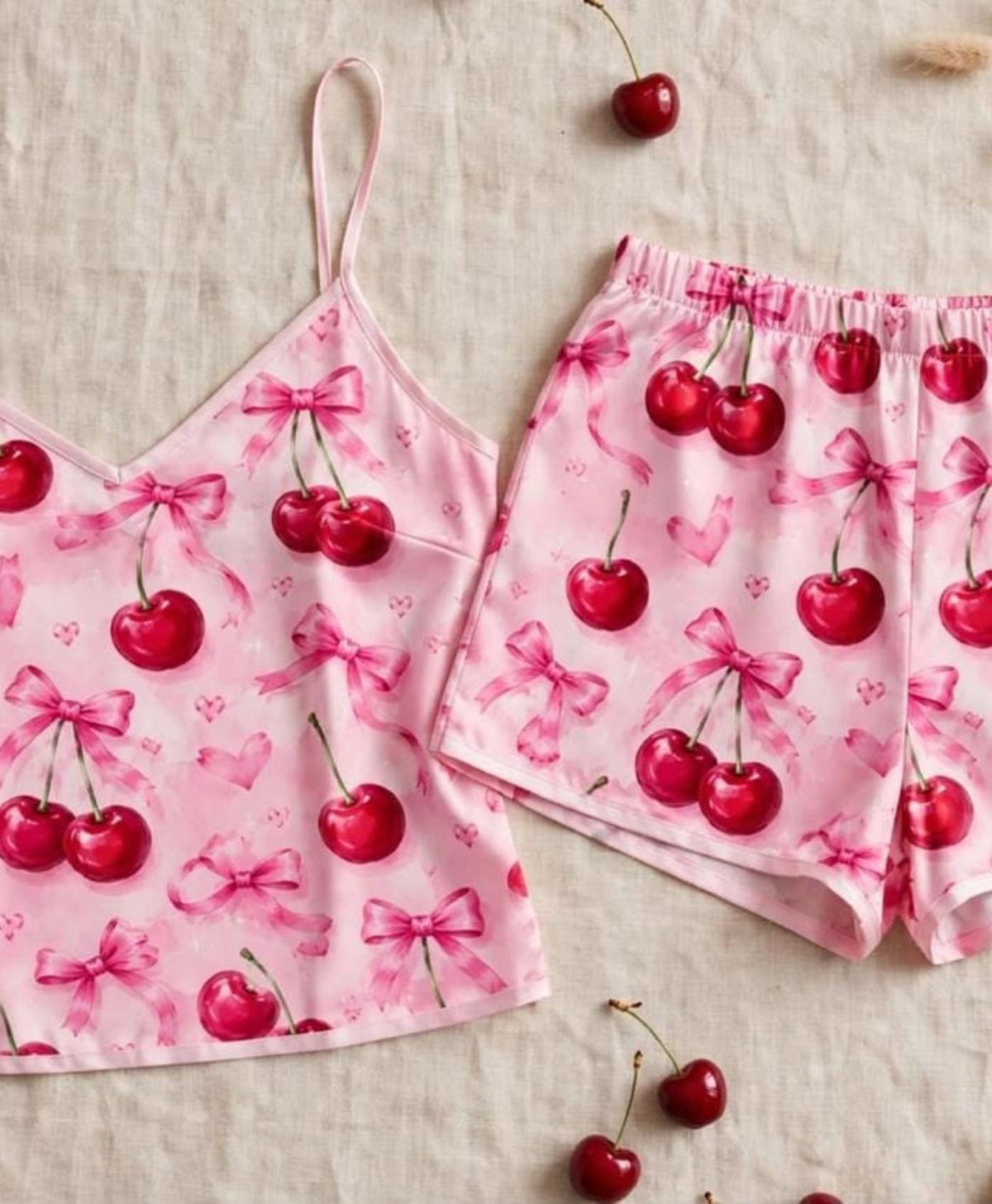 Pink Cherry Ribbons Tanktop Set With Shorts