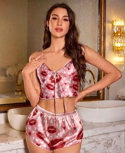 Pink Cherry Lips & Hearts Tanktop Set With Shorts