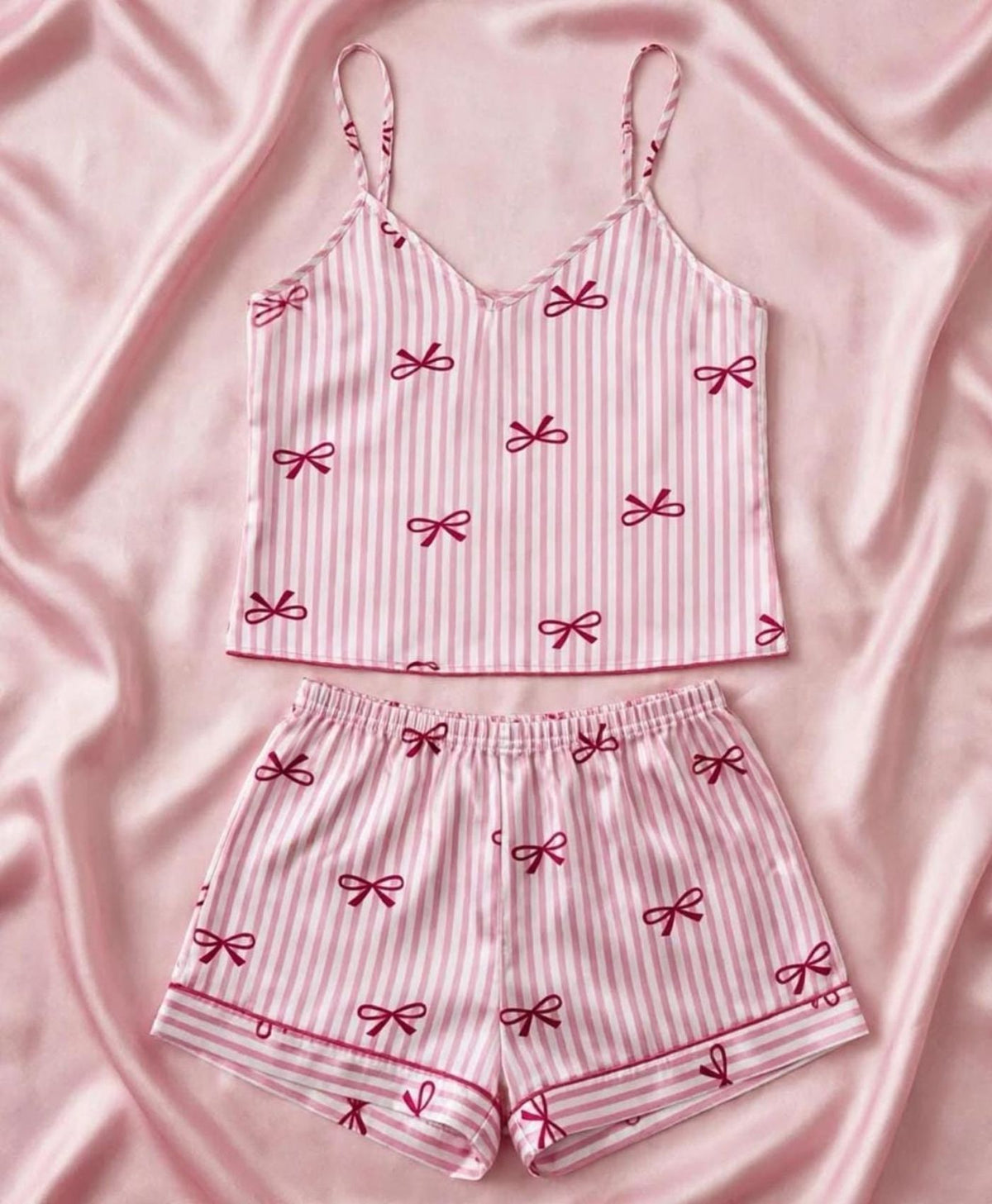 Pink Striped Ribbons Tanktop Set With Shorts