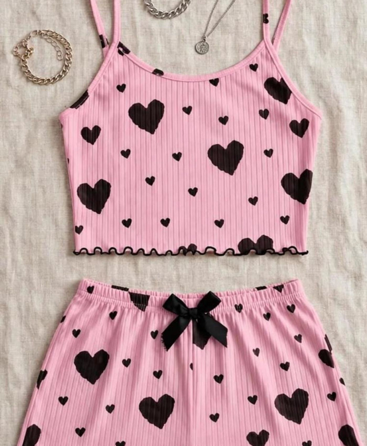 Black Hearts Allover Tanktop Set With Shorts
