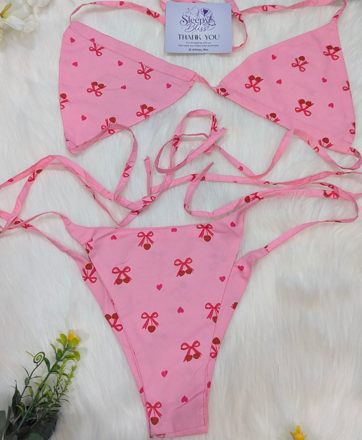 Pink Cherry & Bow Bra Set