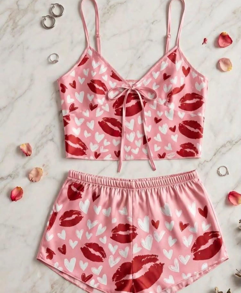 Pink Cherry Lips & Hearts Tanktop Set With Shorts