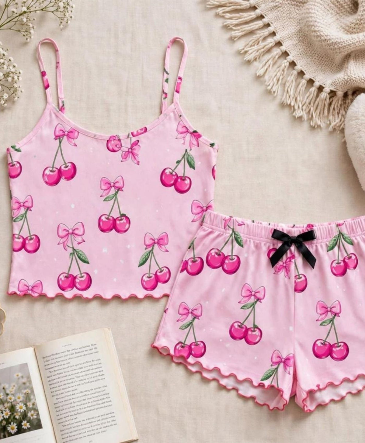Pink Cherries Tanktop Set With Shorts