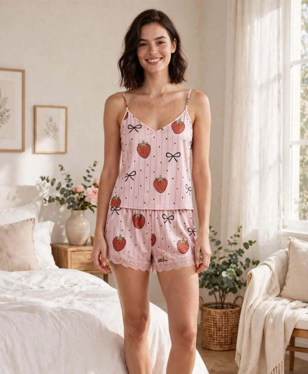 Pink Bow & Strawberry Tanktop Set With Shorts