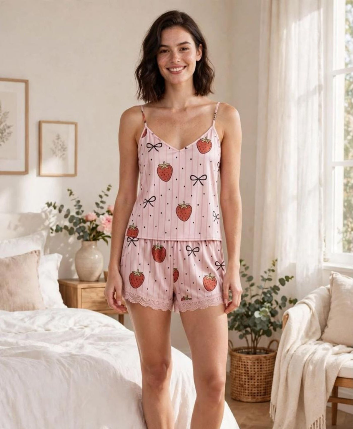 Pink Bow & Strawberry Tanktop Set With Shorts