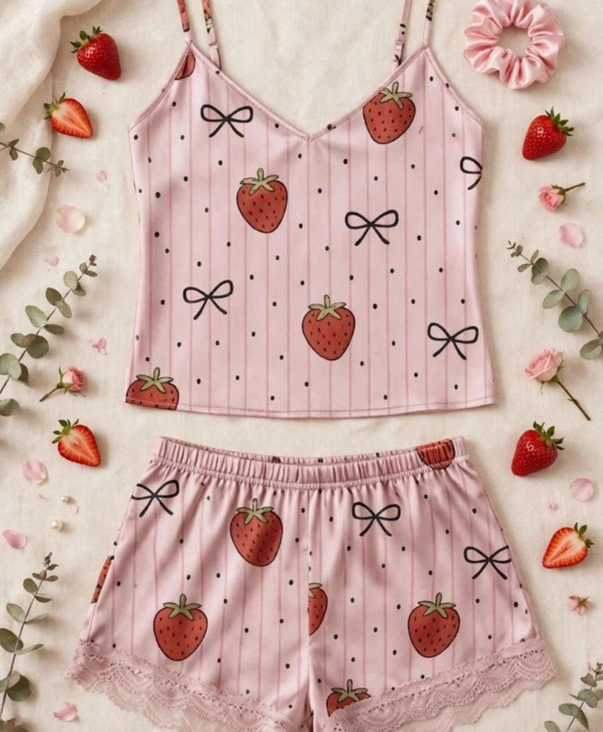 Pink Bow & Strawberry Tanktop Set With Shorts