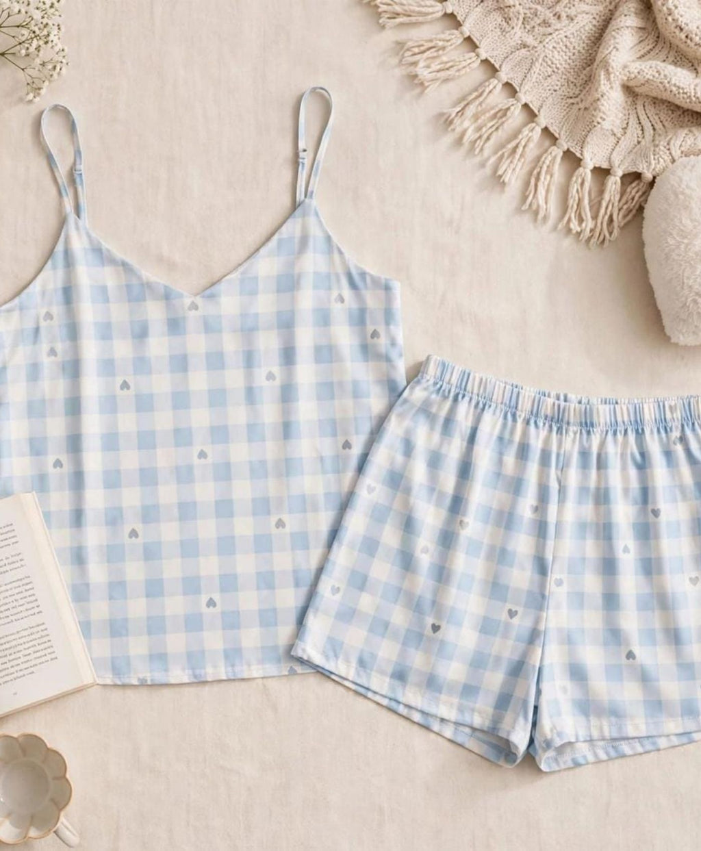 Light Blue Chequered Tanktop Set With Shorts