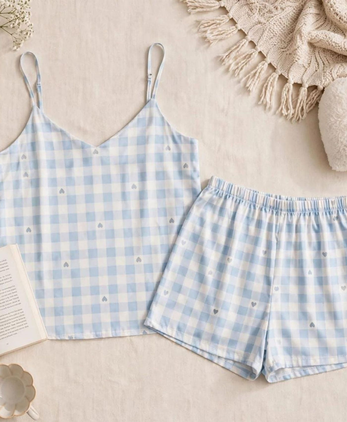 Light Blue Chequered Tanktop Set With Shorts