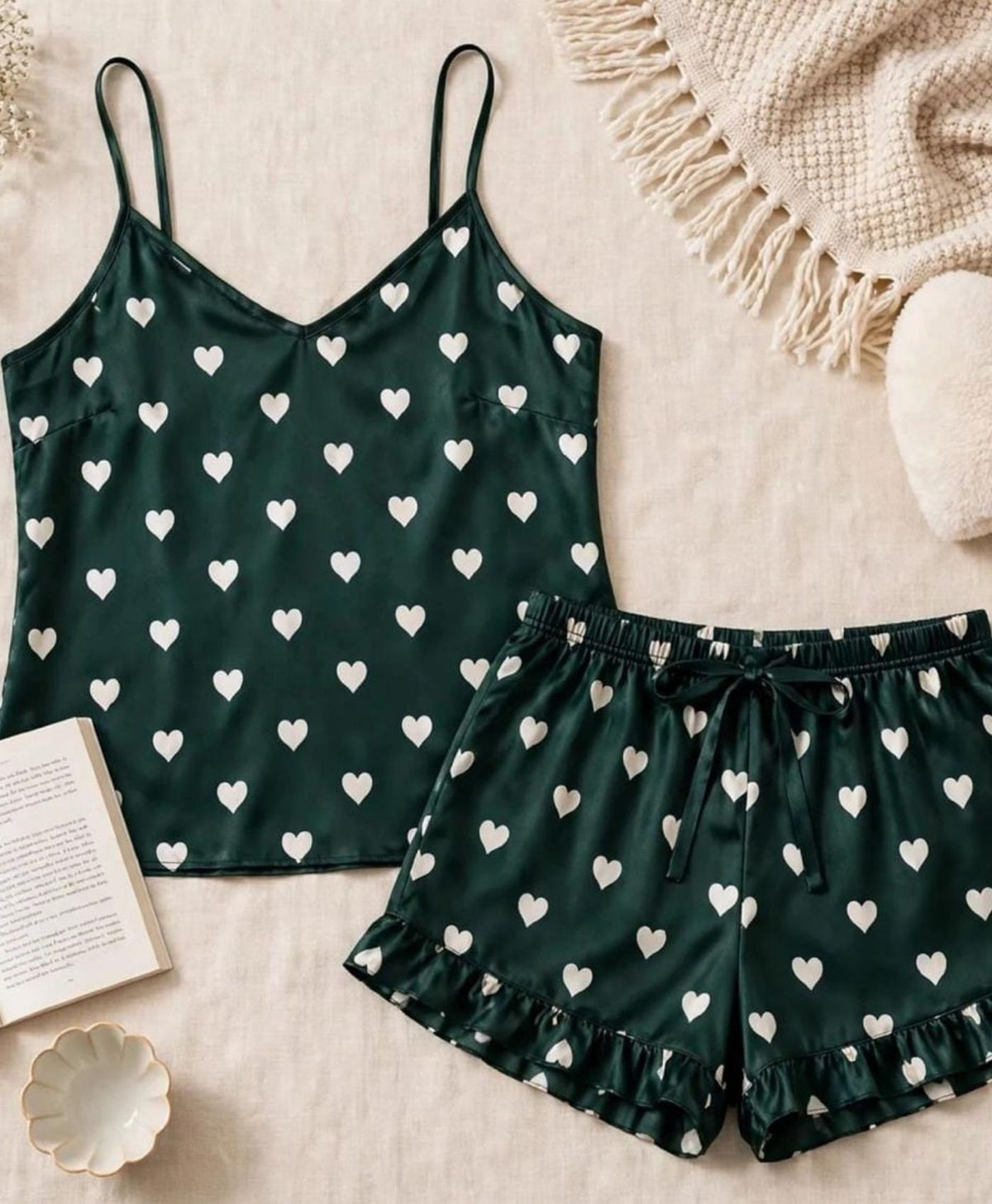 Bottle Green Hearts Tanktop Set With Shorts