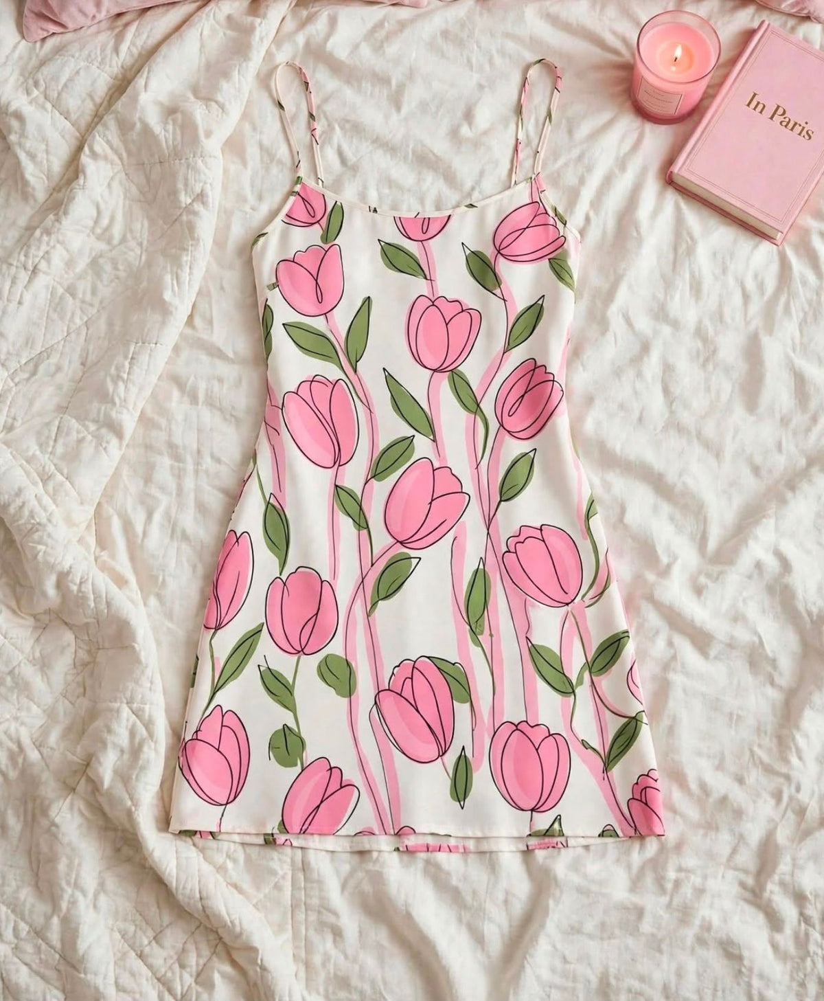 Pink Tulip Tanktop Set With Shorts