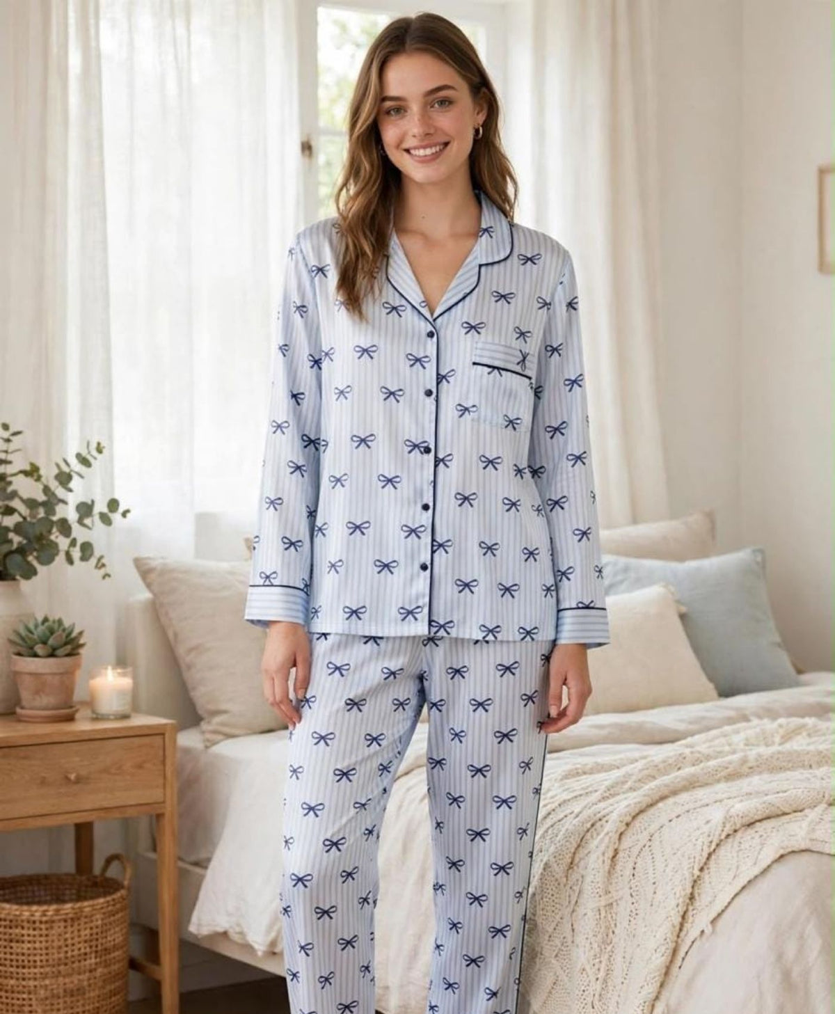 Blue Striped Ribbons Pajama Set