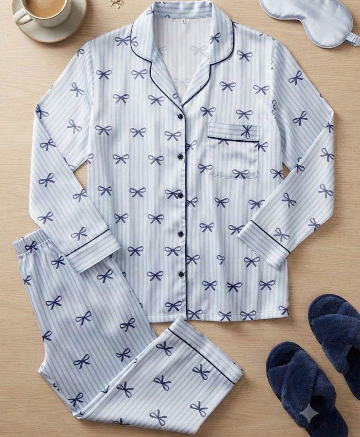 Blue Striped Ribbons Pajama Set