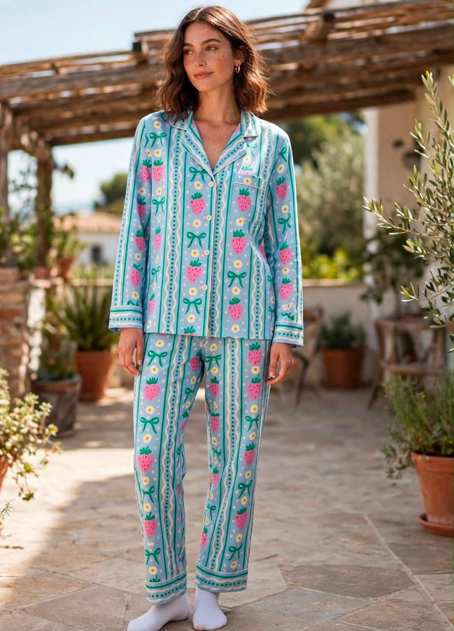Light Blue Strawberries Pajama Set