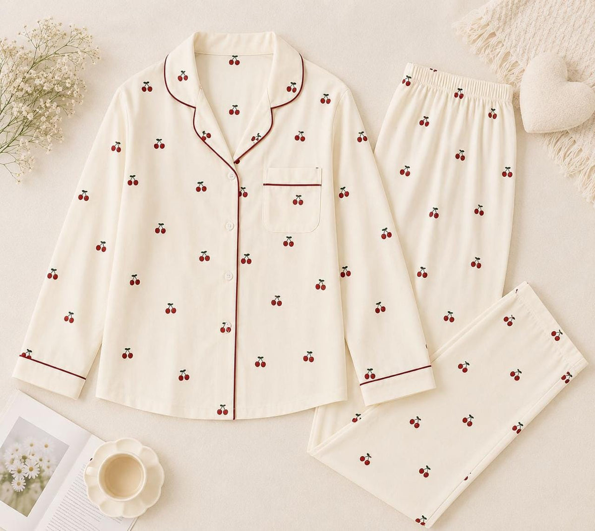 Cream Cherries Pajama Set