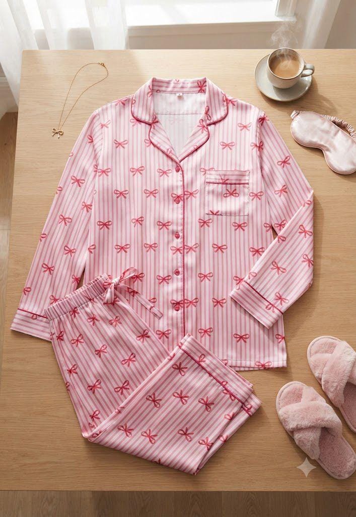 Pink Striped Ribbons Pajama Set