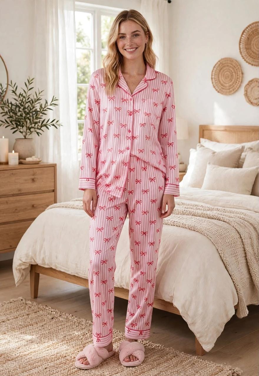 Pink Striped Ribbons Pajama Set