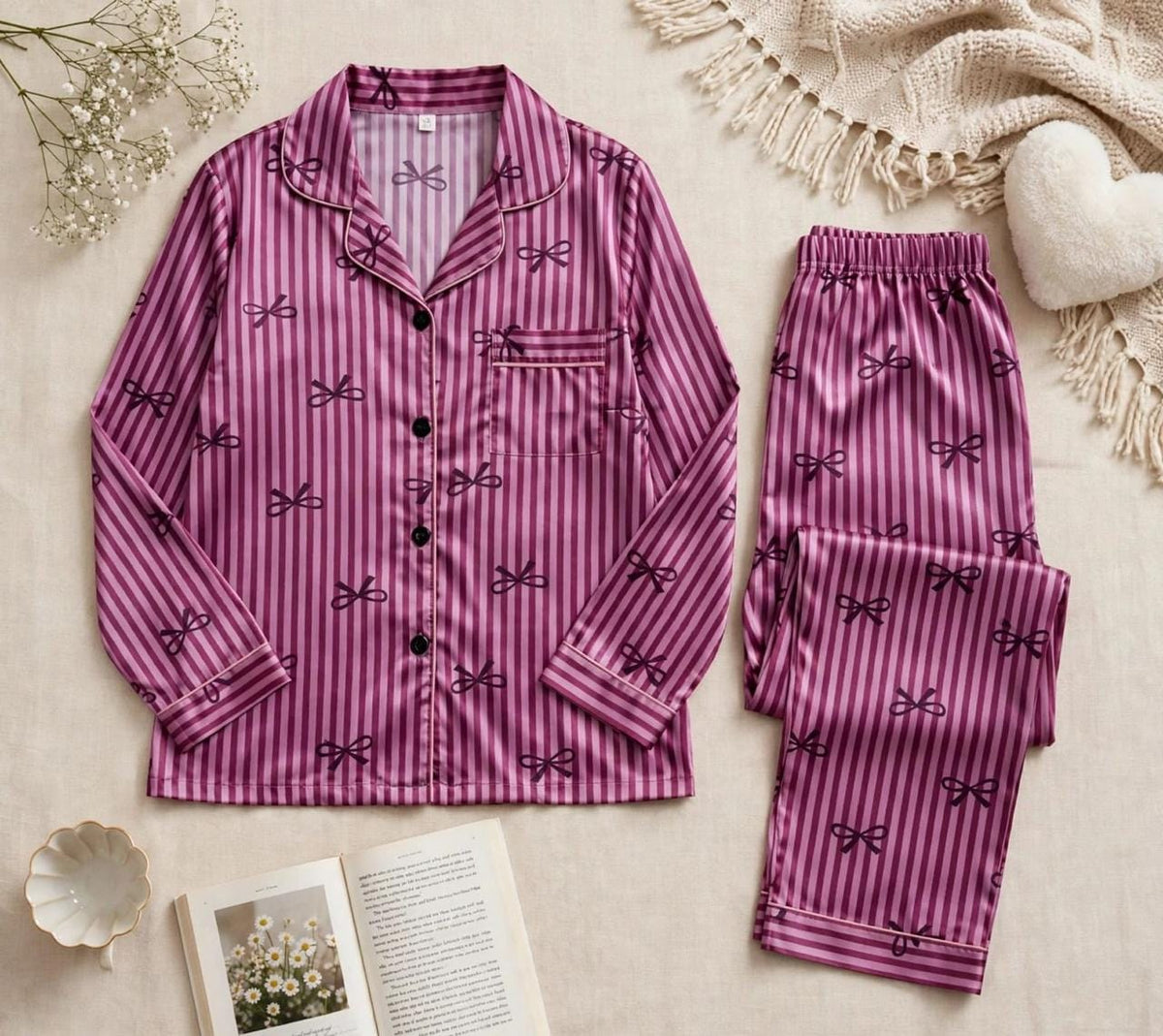 Purple Stripe Ribbons Pajama Set