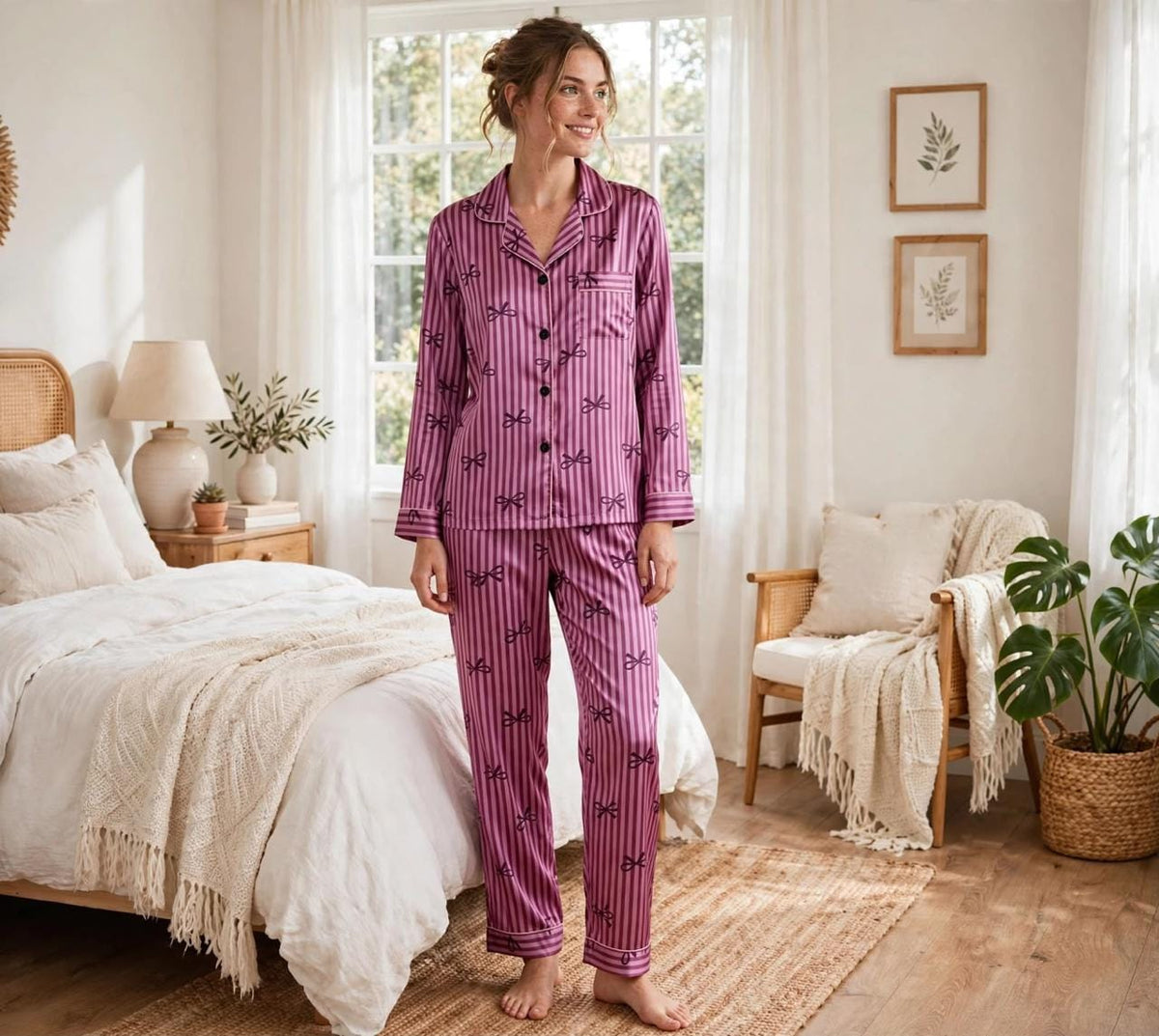 Purple Stripe Ribbons Pajama Set